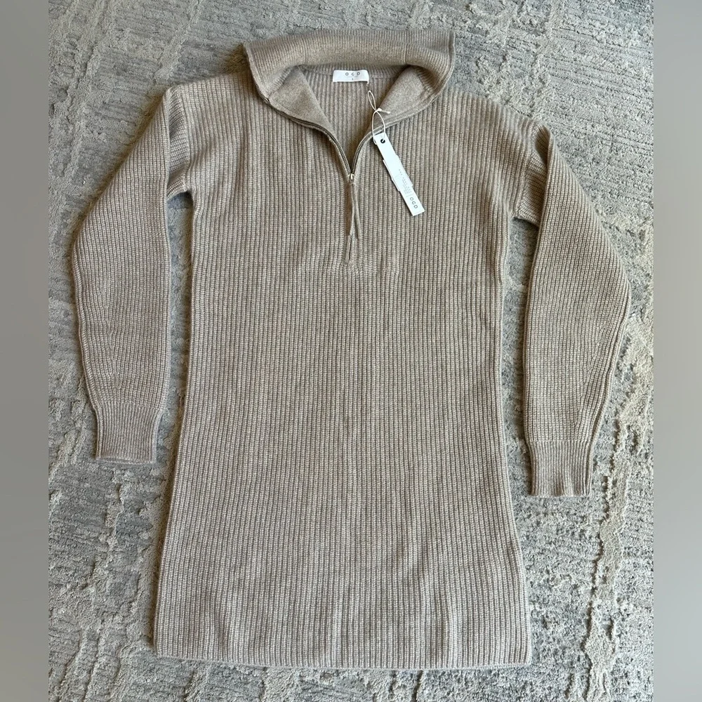 One Grey Day 100% Cashmere‎ Half Zip Sweater Dress Beige New Luxury Soft Size S - Picture 2 of 8